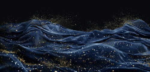 A rich navy blue velvet surface, sprinkled with gold fairy dust, captures a dynamic splash of water, resembling an underwater scene, isolated on a black background - obrazy, fototapety, plakaty