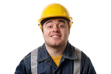 PNG,smiling young man with down syndrome in work uniform with hard hat on his head,isolated on white background