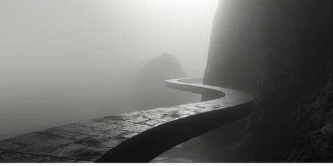 A foggy mountain road with a stone bridge