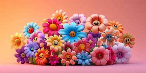 A bunch of colorful flowers with faces on them