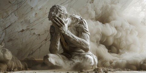 A statue of a man is sitting on the ground with his hands on his knees