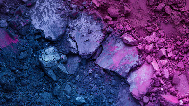 Crushed blue violet eyeshadows. Swatches of decorative cosmetics copy space. Make-up concept. Blue purple powder textured background