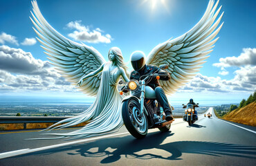 Motorcyclist on the highway with a white guardian angel watching over him