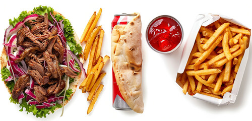 A scrumptious doner kebab setup, with fries that are just right and a can of soda, presented on a...