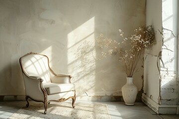 Minimalist living room with white vintage armchair carpet and elegant. Neutral concept of living room interior