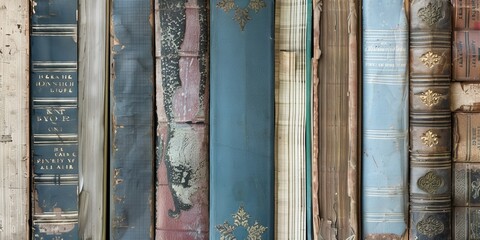 A row of old books with blue spines and gold trim - obrazy, fototapety, plakaty
