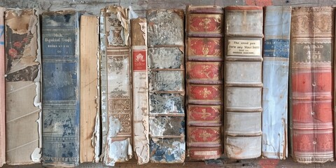 A row of old books with red and blue covers