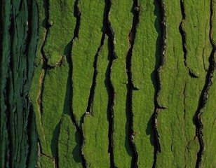 Close-up texture of green moss on tree bark, highlighting natural patterns and details.