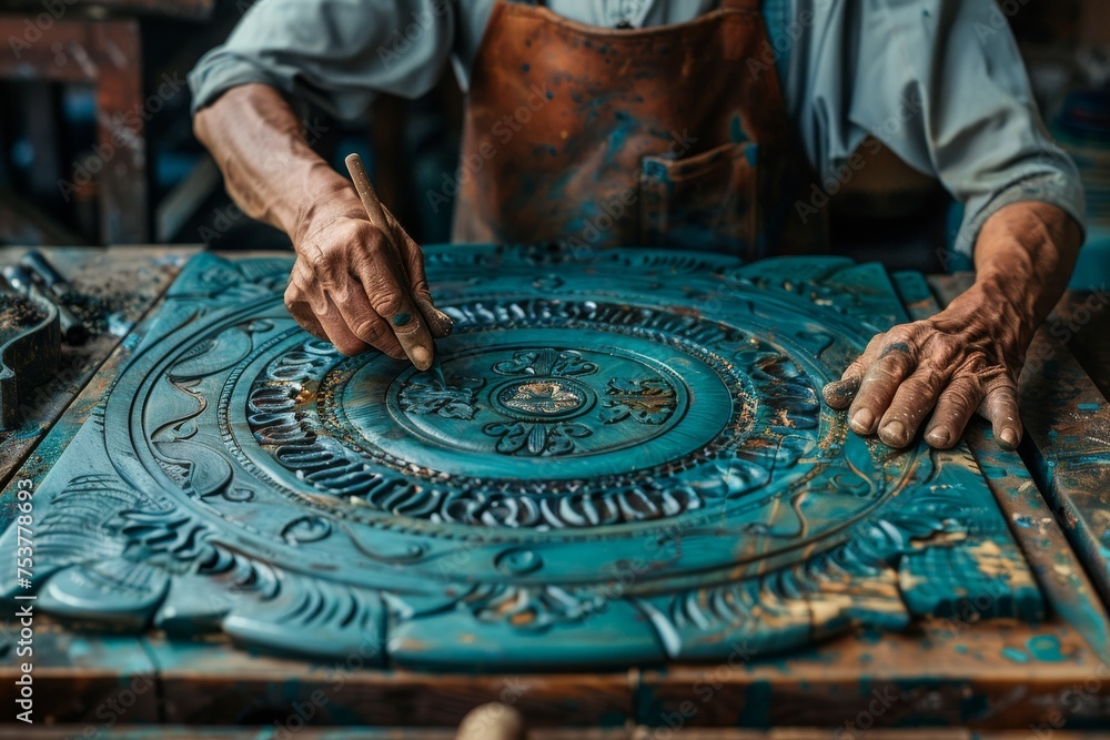 Poster detailed capture of a skilled artisan's hands as he carves intricate patterns into a circular wooden