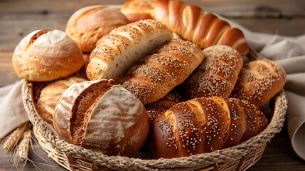 A rustic bread basket filled with assorted bread rolls and slices