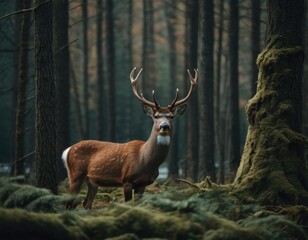 Majestic deer with antlers in a misty forest, standing on moss-covered ground among tall trees.