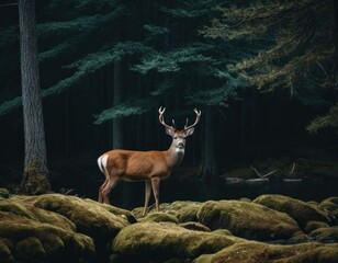 Majestic deer standing by a tranquil forest lake with lush greenery and serene atmosphere.
