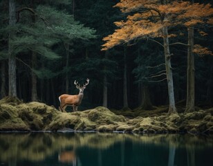 Majestic deer by the forest lake with autumn foliage and tranquil waters reflecting the serene scenery. - obrazy, fototapety, plakaty