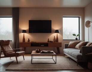 Luxurious living room interior at night with lightning storm visible through large window.