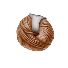 Brown yarn ball. Skein of yarn for knitting. Watercolor illustration drawn by hands. Isolated. For stickers, scrapbook, postcards, yarn or wool shop logos and banners.