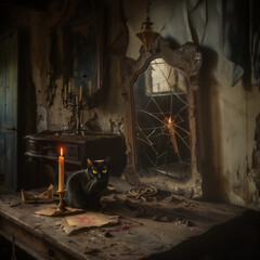 An eerie, dimly lit room in an old countryside house, with a black cat beside a red pentacle, surrounded by symbols of English folklore and misfortune. - obrazy, fototapety, plakaty