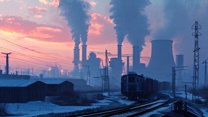 Industrial landscape with power plant and train at sunset, toned