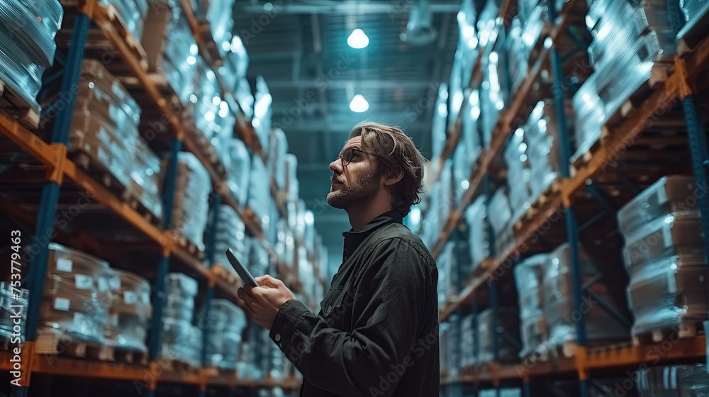 Poster a man stands tall in a vast warehouse, intensely focused on checking goods using a tablet. generativ