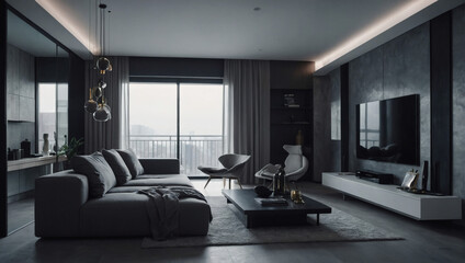Naklejka na ściany i meble Minimalistic apartment with cool-toned elegance and modern design.