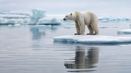 Polar bear sits on small ice floe, melting ocean. Global warming. Generative AI
