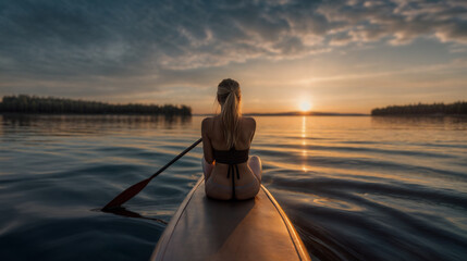 A woman with blonde hair sits atop a surfboard in ocean at sunset. Generative AI