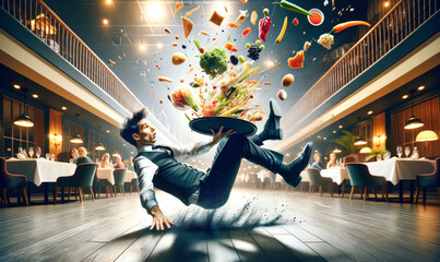 A waiter stumbles and the food and plates fly into the air