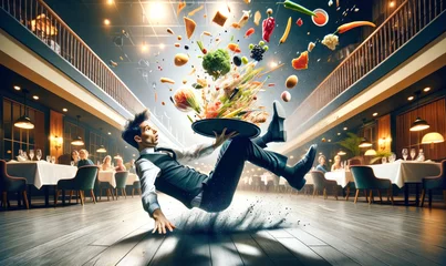 Foto op Plexiglas A waiter stumbles and the food and plates fly into the air © EKH-Pictures