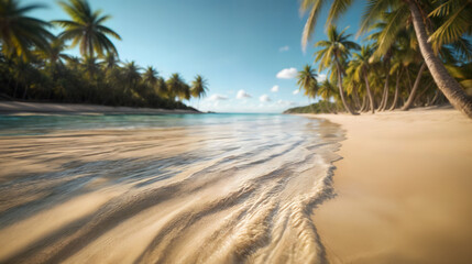 A sandy beach with palm trees against a backdrop of a blue sky. Generative AI