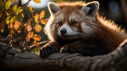In the forest, a red panda perches on a mossy tree branch. Generative AI