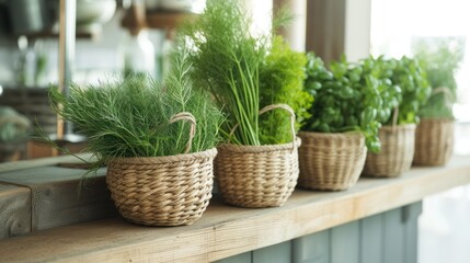  a row of baskets sitting on top of a wooden shelf filled with green leafy plants on top of a wooden counter next to a window sill with a mirror in the background.