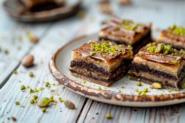chocolate baklava with pistachio on wooden table. Traditional turkish dessert - obrazy, fototapety, plakaty