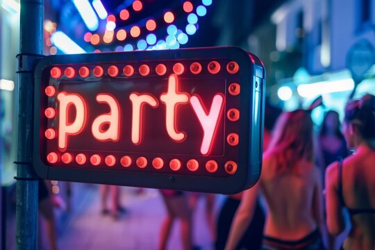 party Light sign and Summer party with pool party with Happy people in background, space for Text