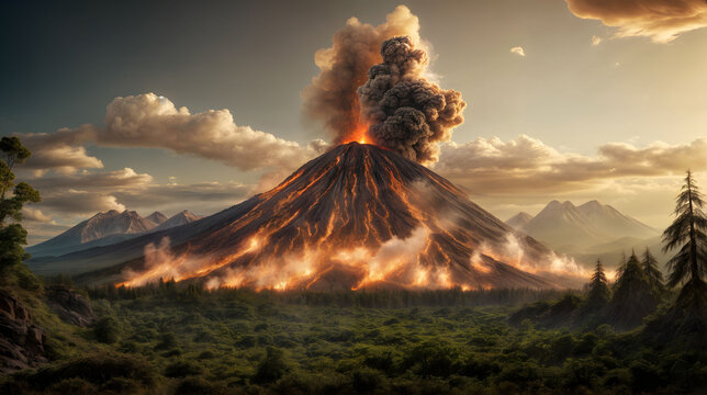 Volcanic eruption paints the landscape with flowing lava and ash. Generative AI.