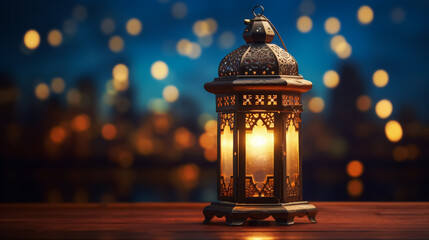 Lantern that have moon symbol on top and small plate of dates fruit with night sky and city bokeh light background for the Muslim feast of the holy month of Ramadan Kareem.