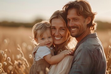 Fototapeta premium A smiling family portrait with two adults and a toddler in a sunlit golden field during sunset