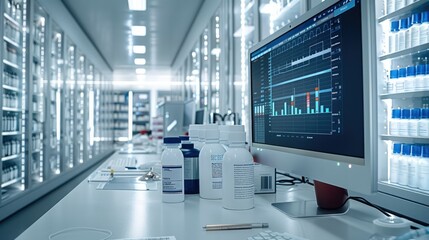 Screenshot of a user interface, medical pharmaceutical company, large data sets, white theme. Generative AI.