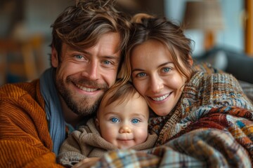 A vibrant portrait of a youthful family warmly cuddled under a cozy blanket, with a toddler