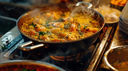 A pot of paella bubbling with seafood and saffron-infused rice