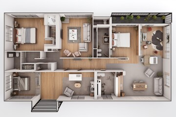 a floorplan for the perfect house for a family of 3 apartment in melbourne with line drawing floorplan and rendered orthographic views