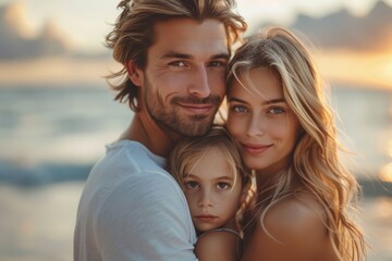 An affectionate family of three enjoys a tender moment with a soft-focus beach sunset background