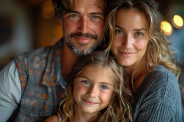 Fototapeta premium A smiling family of three enjoys a cozy moment indoors with a warm and inviting bokeh backdrop