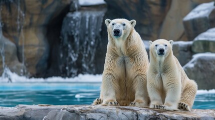  two polar bears sitting next to each other on a rock near a pool of water with a waterfall in the back ground and a rock wall of water behind them.