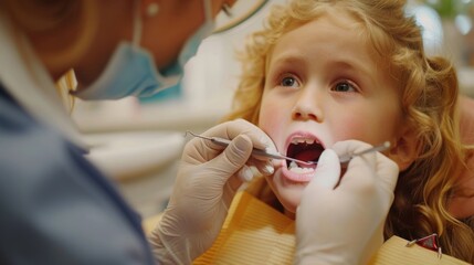 A child looks at the dentist while the dentist examines his teeth
