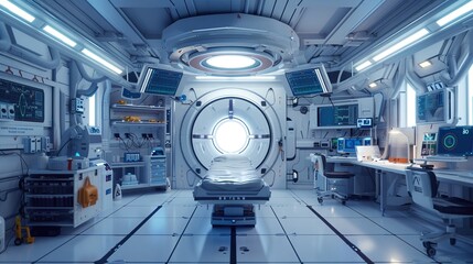 Create concept art for a sci-fi game on a spaceship. Create medical room concepts. The room is square. In the middle of the room there is a bed against the wall