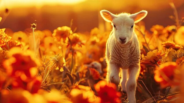 Baby lamb running at sunset in a field full of flowers