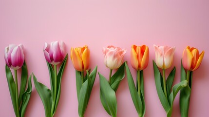 a group of tulips sitting next to each other on a pink surface with a green stem in the middle.