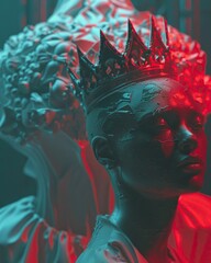 person in front of large figures and a crown or tiara in the style of cyberpunk futurism