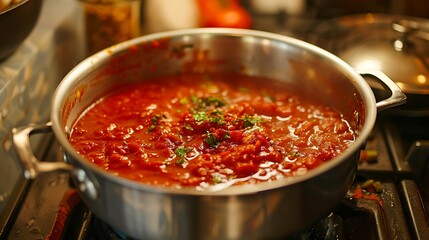 A pot of homemade tomato sauce simmering on the stove