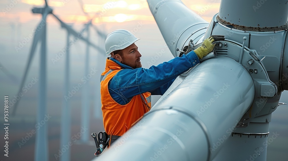 Poster inspection engineers preparing to rappel down a rotor blade of a wind turbine in wind farm. generati