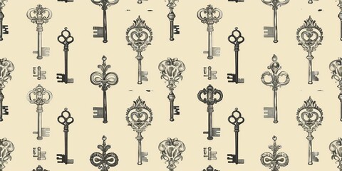 A pattern of keys is shown in black and white - obrazy, fototapety, plakaty